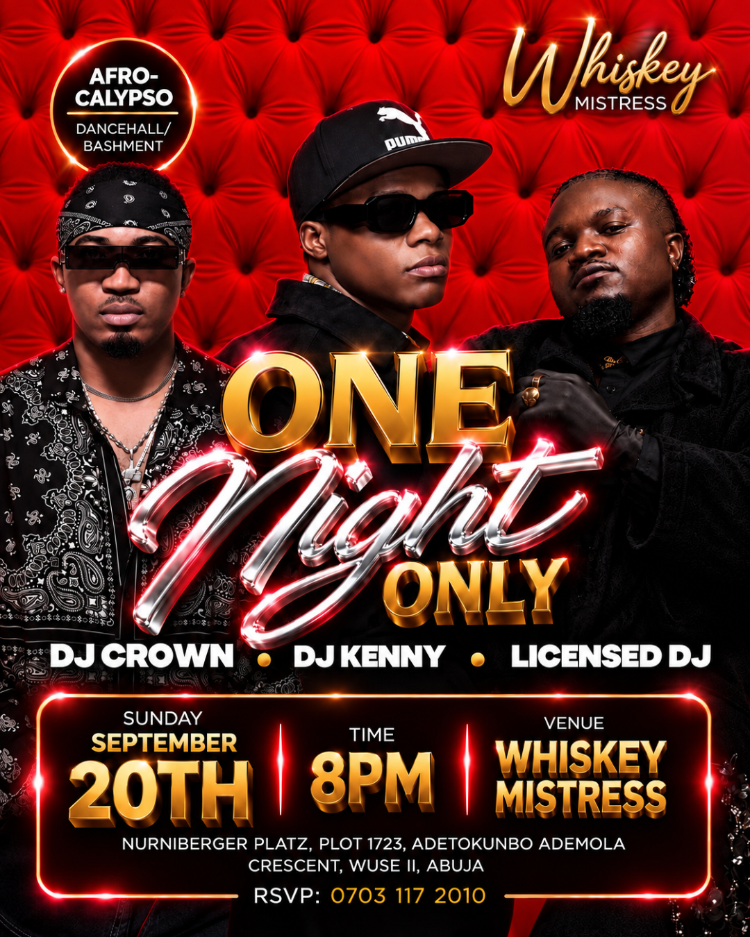 One Night Only at Whiskey Mistress Abuja, Sun 20 Sept